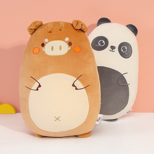 Two plush toys, one resembling a pig and the other a panda, on a pink background.