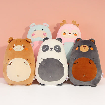 Set of five cartoon animal plush toys on a pink background