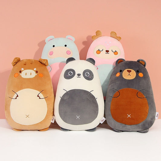 Set of five cartoon animal plush toys on a pink background