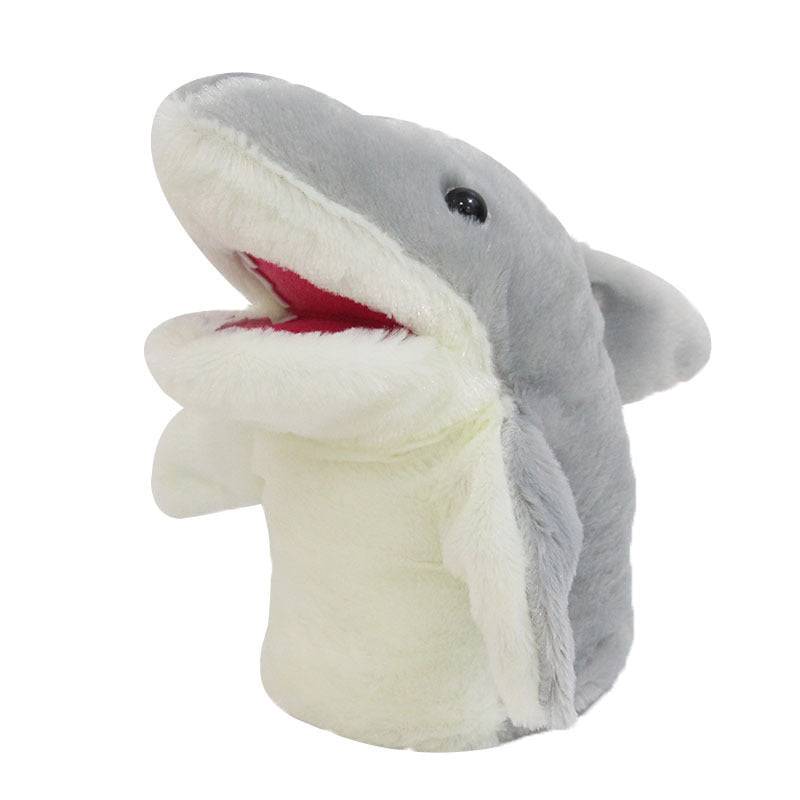 Plush shark hand puppet on a white background