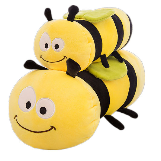 Stack of three yellow bee plush toys on a white background