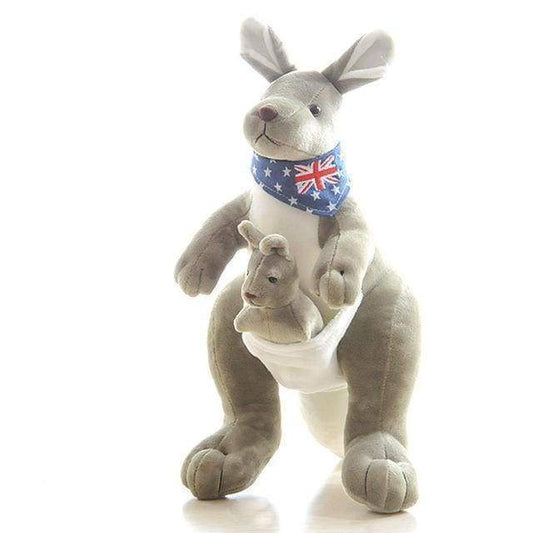 Plush kangaroo toy with a baby kangaroo and an Australian flag bandana on a white background