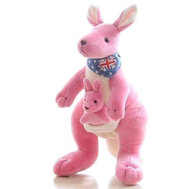 Pink plush kangaroo with a baby kangaroo on a white background