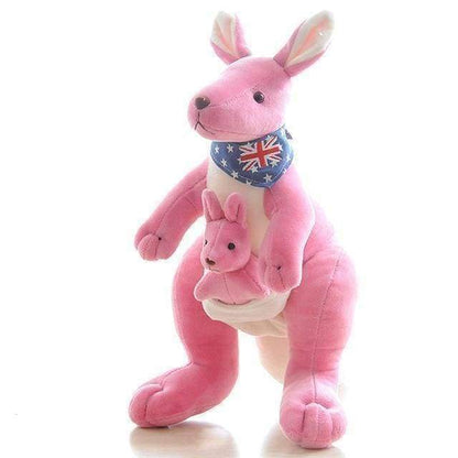 Pink plush kangaroo with a baby kangaroo on a white background