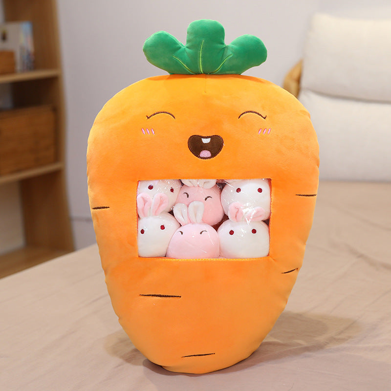 Carrot-shaped plush toy with small plush animals inside on a bed