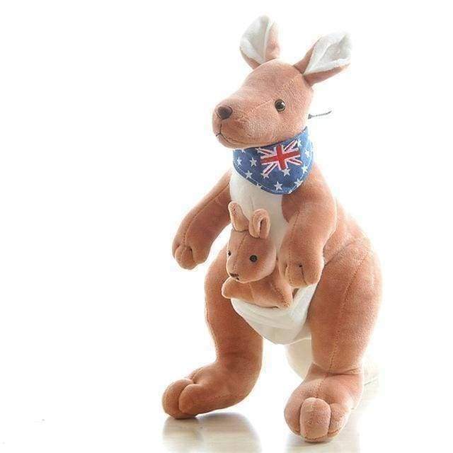 Plush kangaroo toy with a baby kangaroo and a Union Jack bandana on a white background