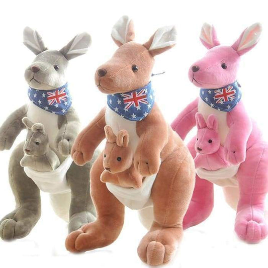 Three plush kangaroo toys with baby kangaroos and Union Jack bandannas on a white background.