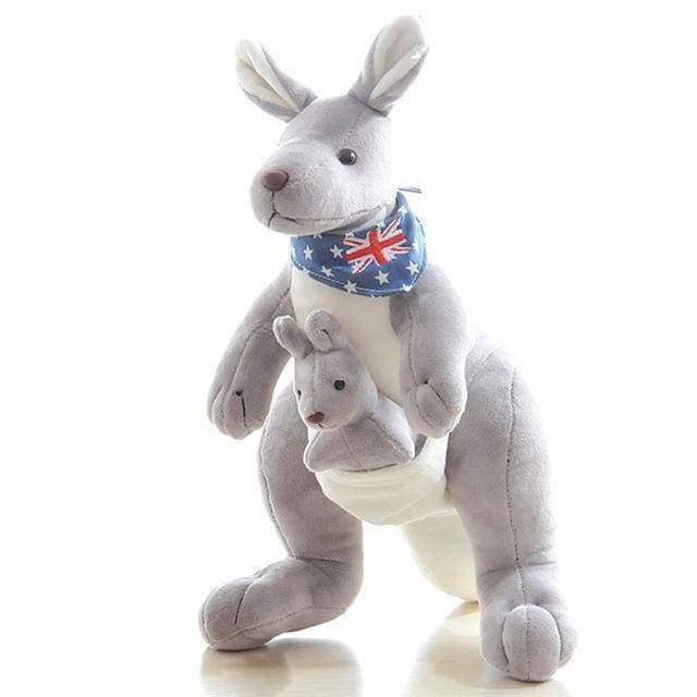 Plush kangaroo toy with baby kangaroo and Australian flag bandana on a white background