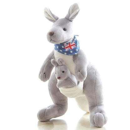 Plush kangaroo toy with baby kangaroo and Australian flag bandana on a white background